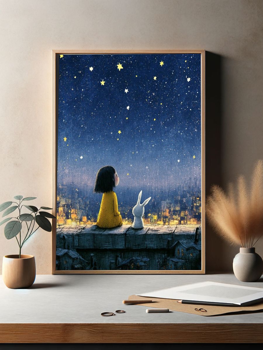 Girl and Rabbit Starry Night Poster. — room view 2