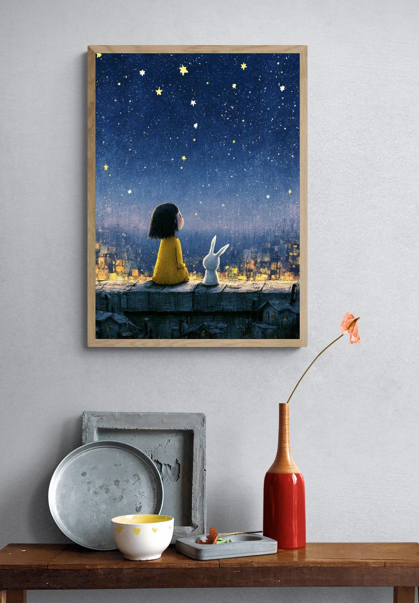 Girl and Rabbit Starry Night Poster. — room view 3