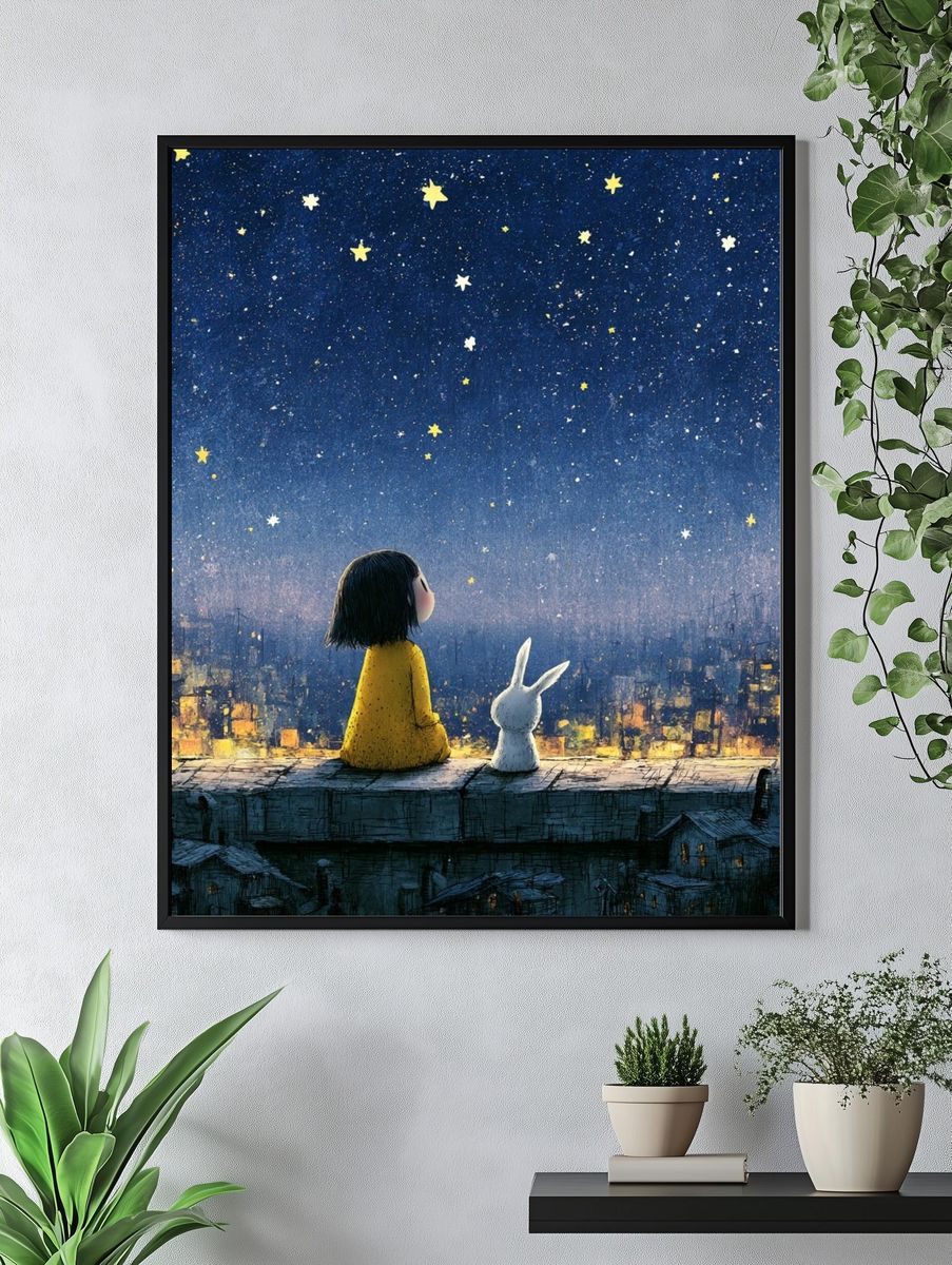 Girl and Rabbit Starry Night Poster. — room view 4