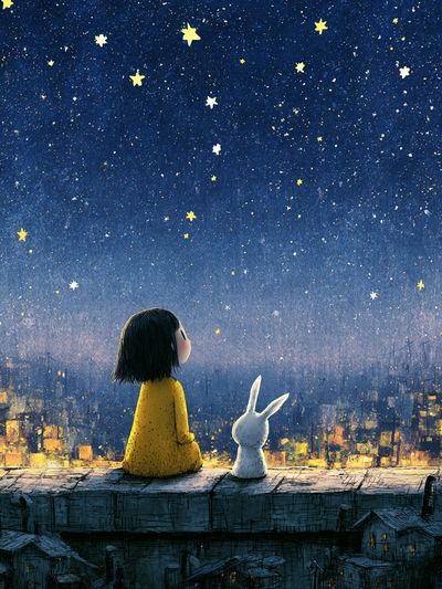Girl and Rabbit Starry Night Poster.