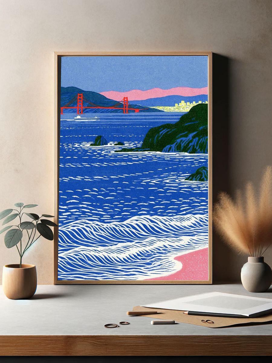 Golden Gate Coastline Illustration Poster. — room view 2