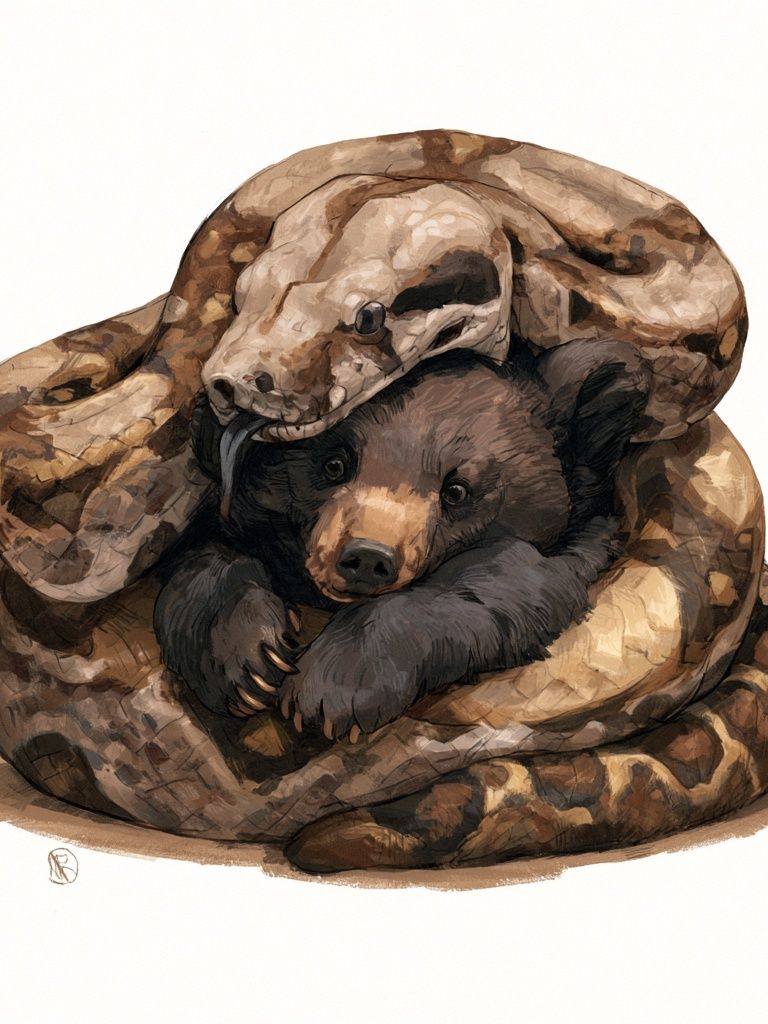 Snake and Bear Cub Illustration Poster. poster — illustration art