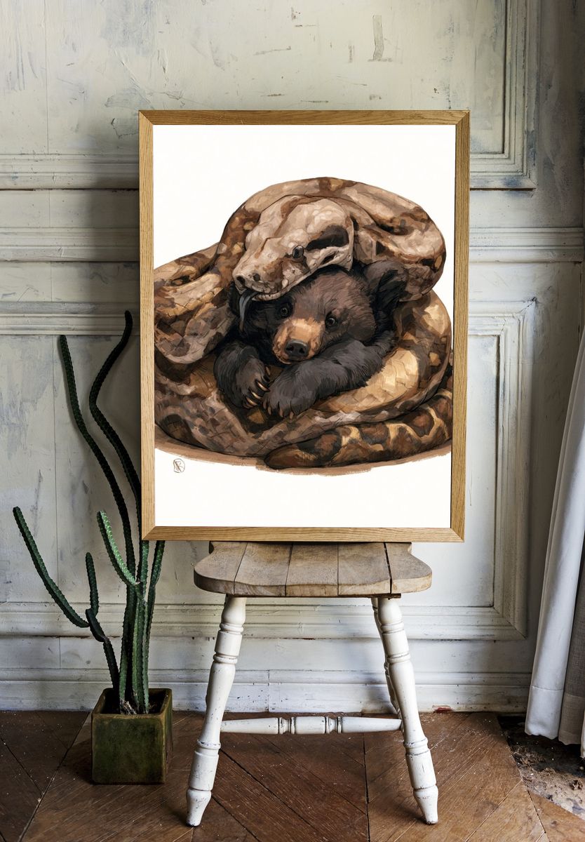 Snake and Bear Cub Illustration Poster. room preview