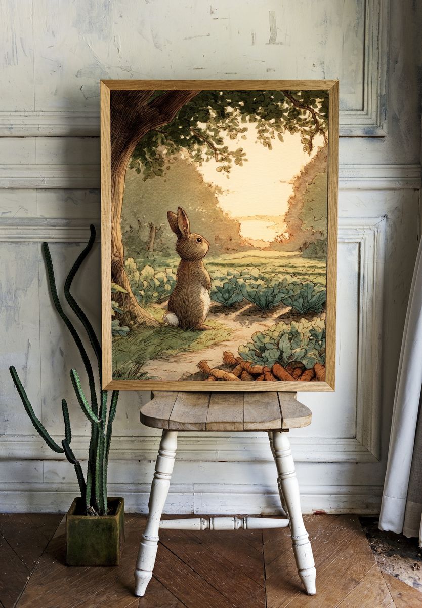 Rabbit in Garden Watercolor Print. — room view 1