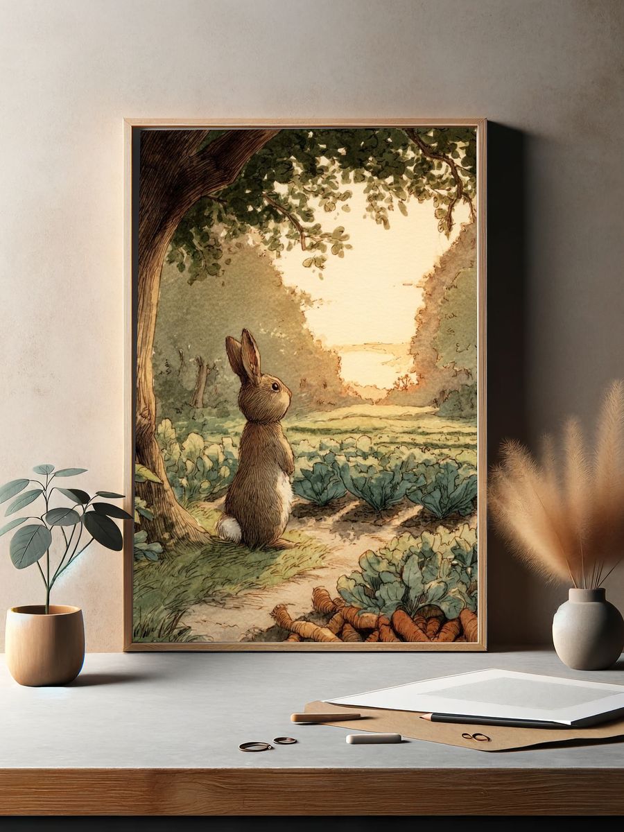 Rabbit in Garden Watercolor Print. — room view 2