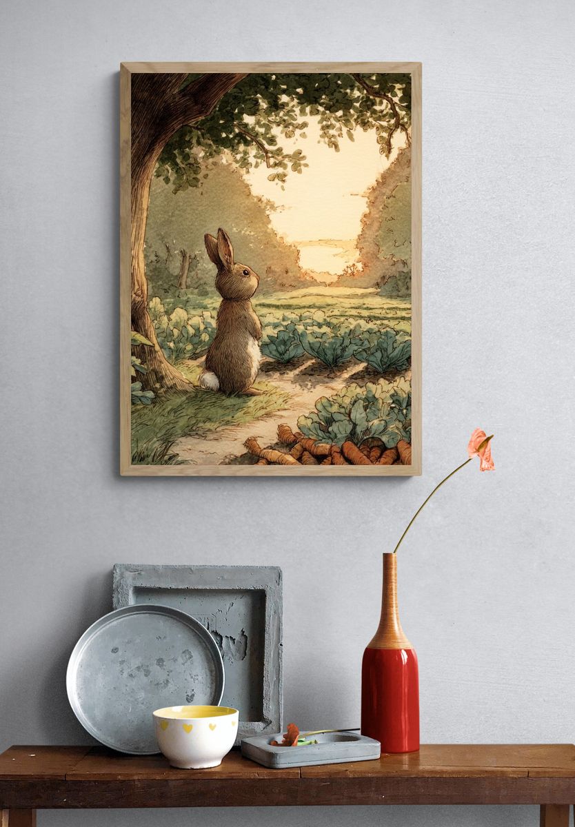 Rabbit in Garden Watercolor Print. — room view 3