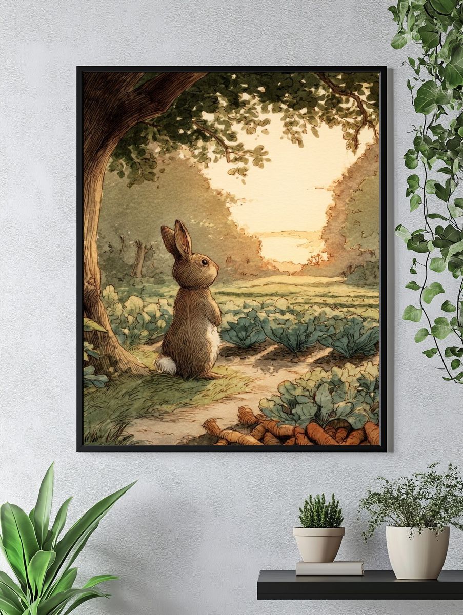 Rabbit in Garden Watercolor Print. — room view 4