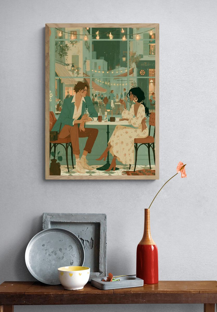 Romantic Café Date Illustration Poster. — room view 3