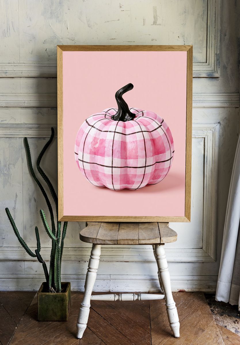Pink Plaid Pumpkin Illustration Poster. — room view 1