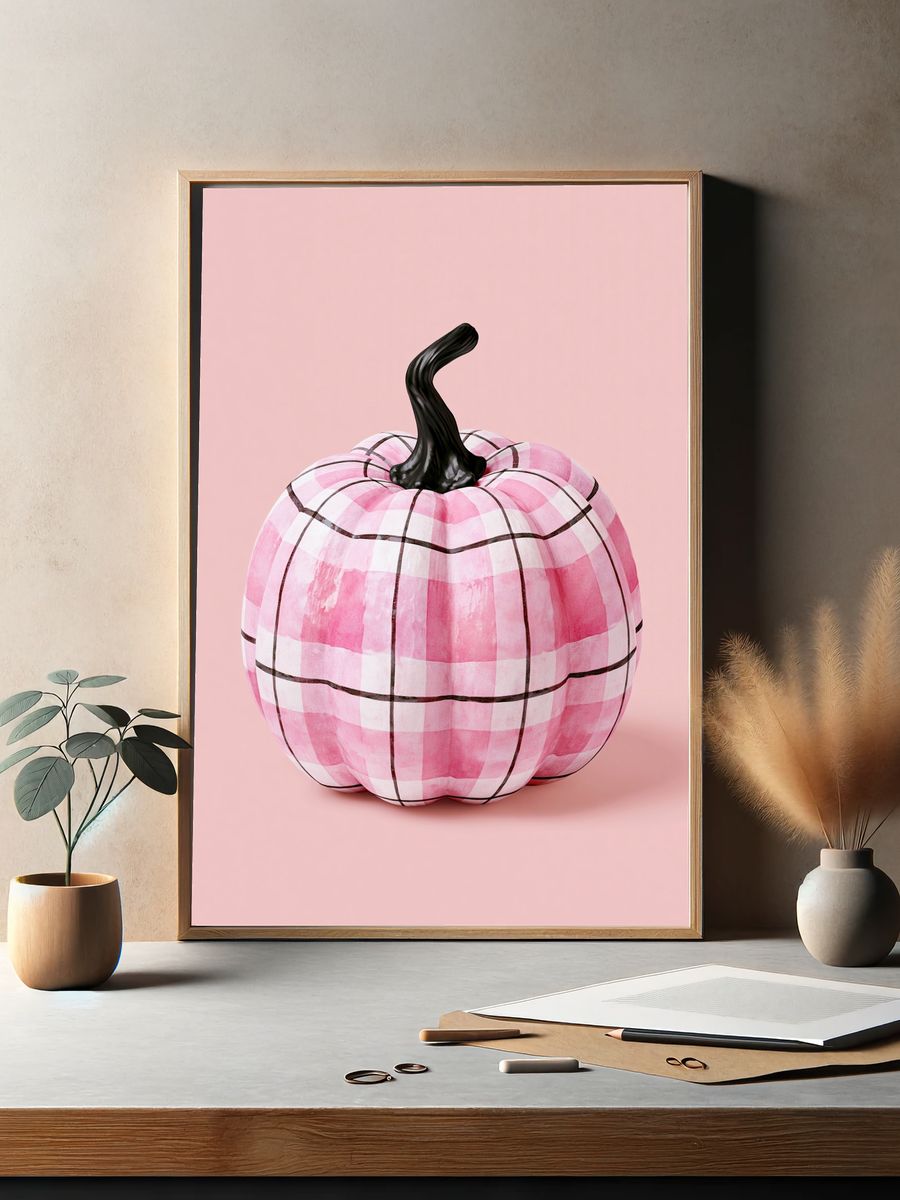 Pink Plaid Pumpkin Illustration Poster. — room view 2
