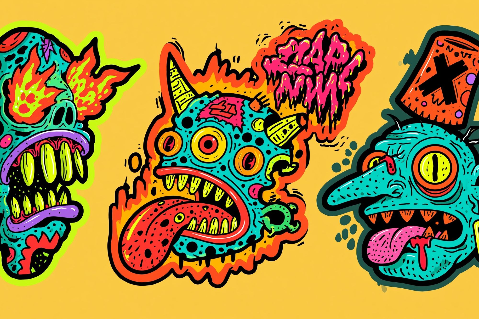 Neon Monster Faces Illustration Poster. poster — illustration art