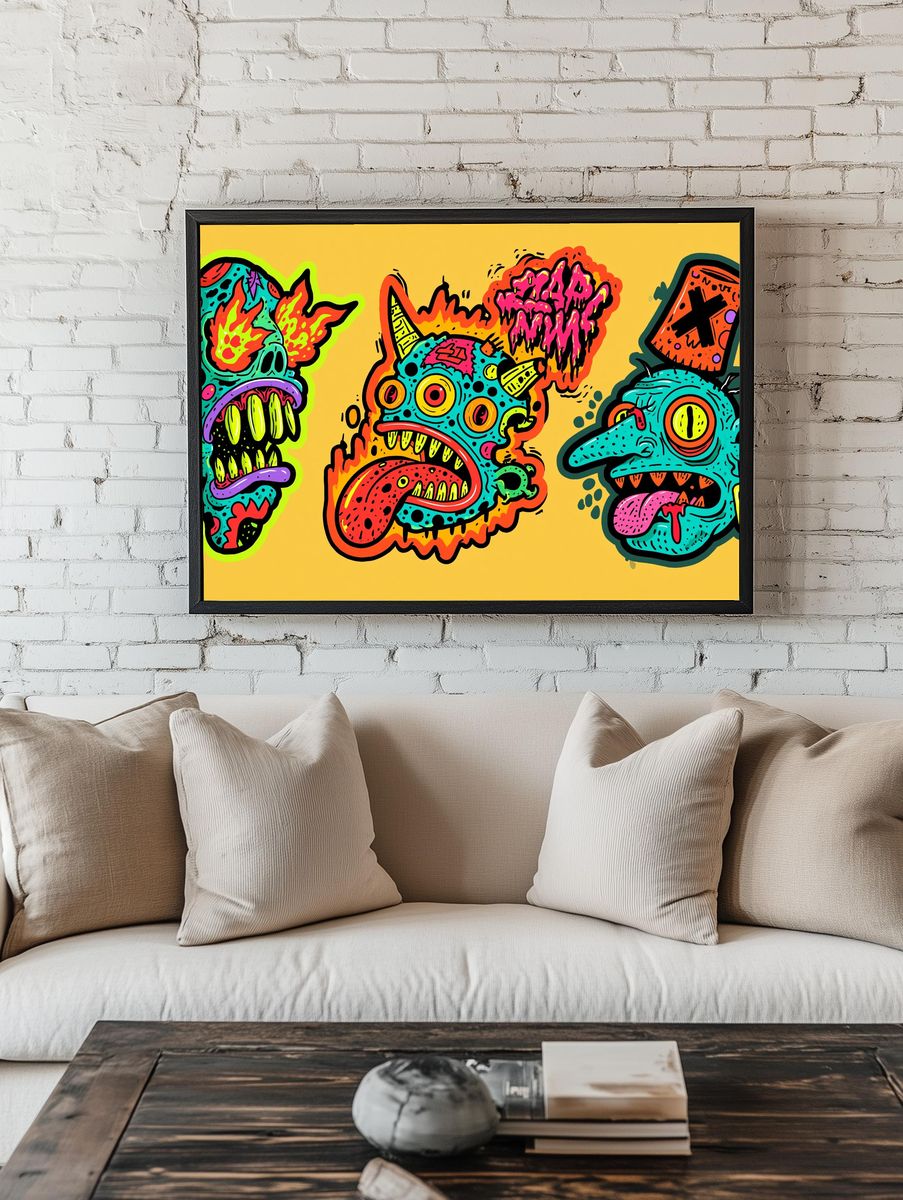 Neon Monster Faces Illustration Poster. room preview