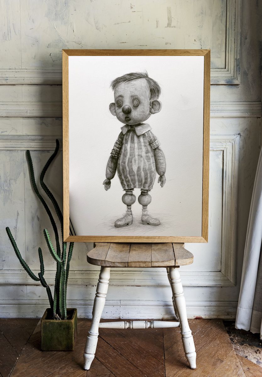 Surreal Pencil Doll Portrait Print. room preview
