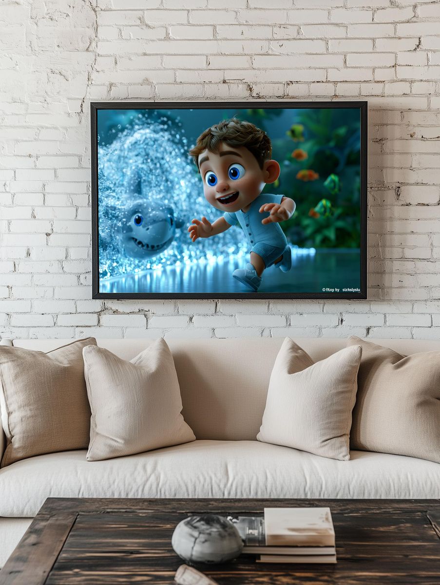 Underwater Boy and Shark Illustration Poster. room preview