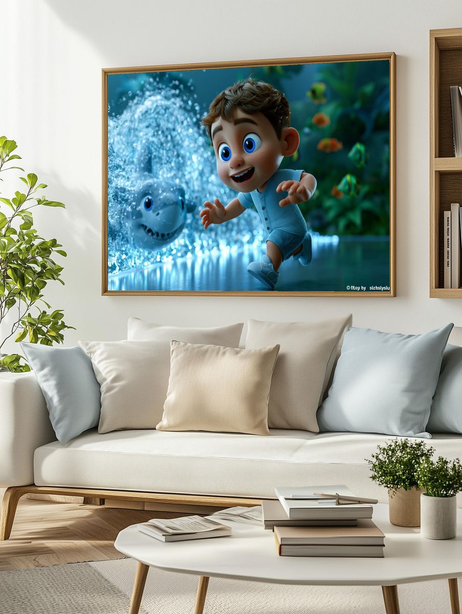 Underwater Boy and Shark Illustration Poster. — room view 2