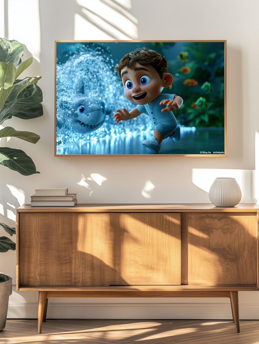 Underwater Boy and Shark Illustration Poster. — room view 3