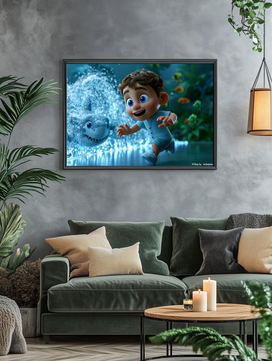 Underwater Boy and Shark Illustration Poster. — room view 4