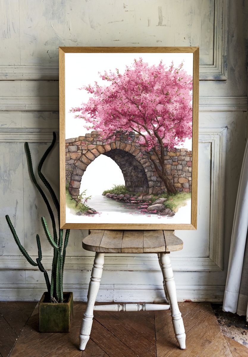 Cherry Blossom Stone Bridge Print. room preview