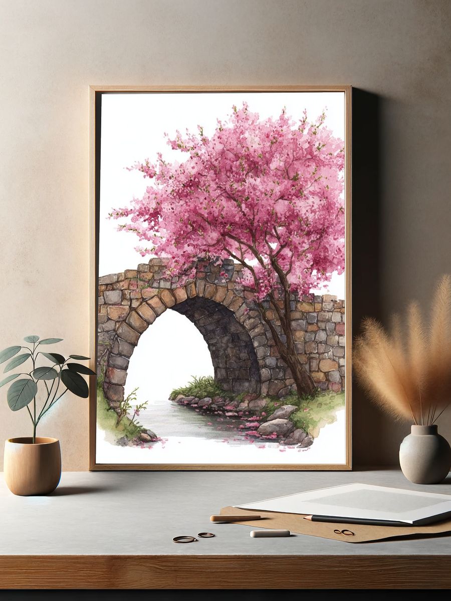 Cherry Blossom Stone Bridge Print. — room view 2