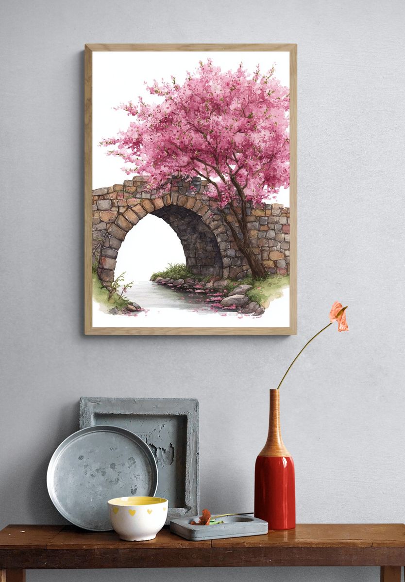 Cherry Blossom Stone Bridge Print. — room view 3