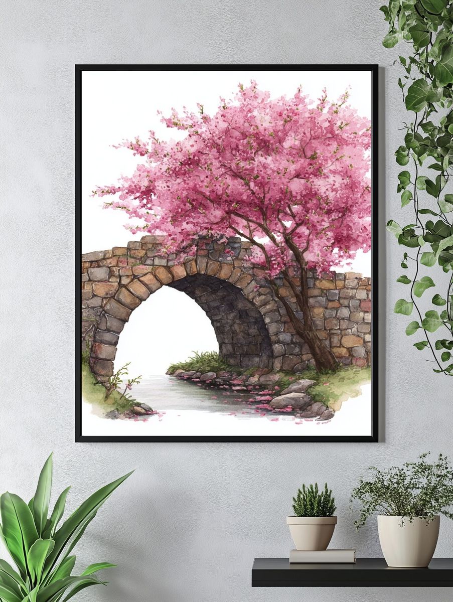 Cherry Blossom Stone Bridge Print. — room view 4