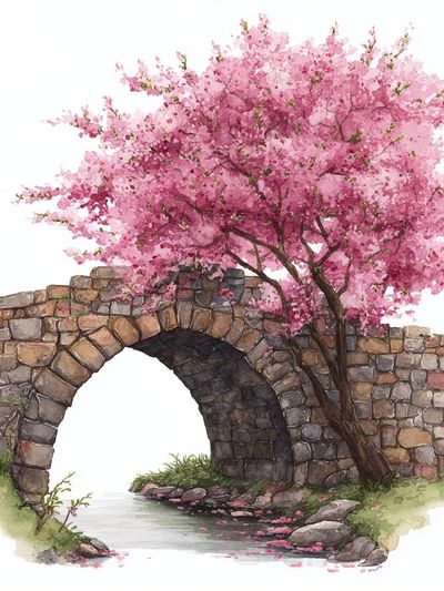 Cherry Blossom Stone Bridge Print.
