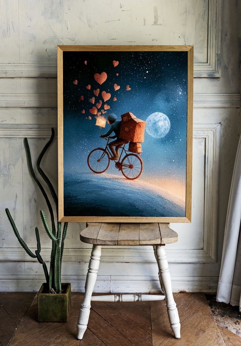 Moonlit Heart Bicycle Illustration Poster. room preview