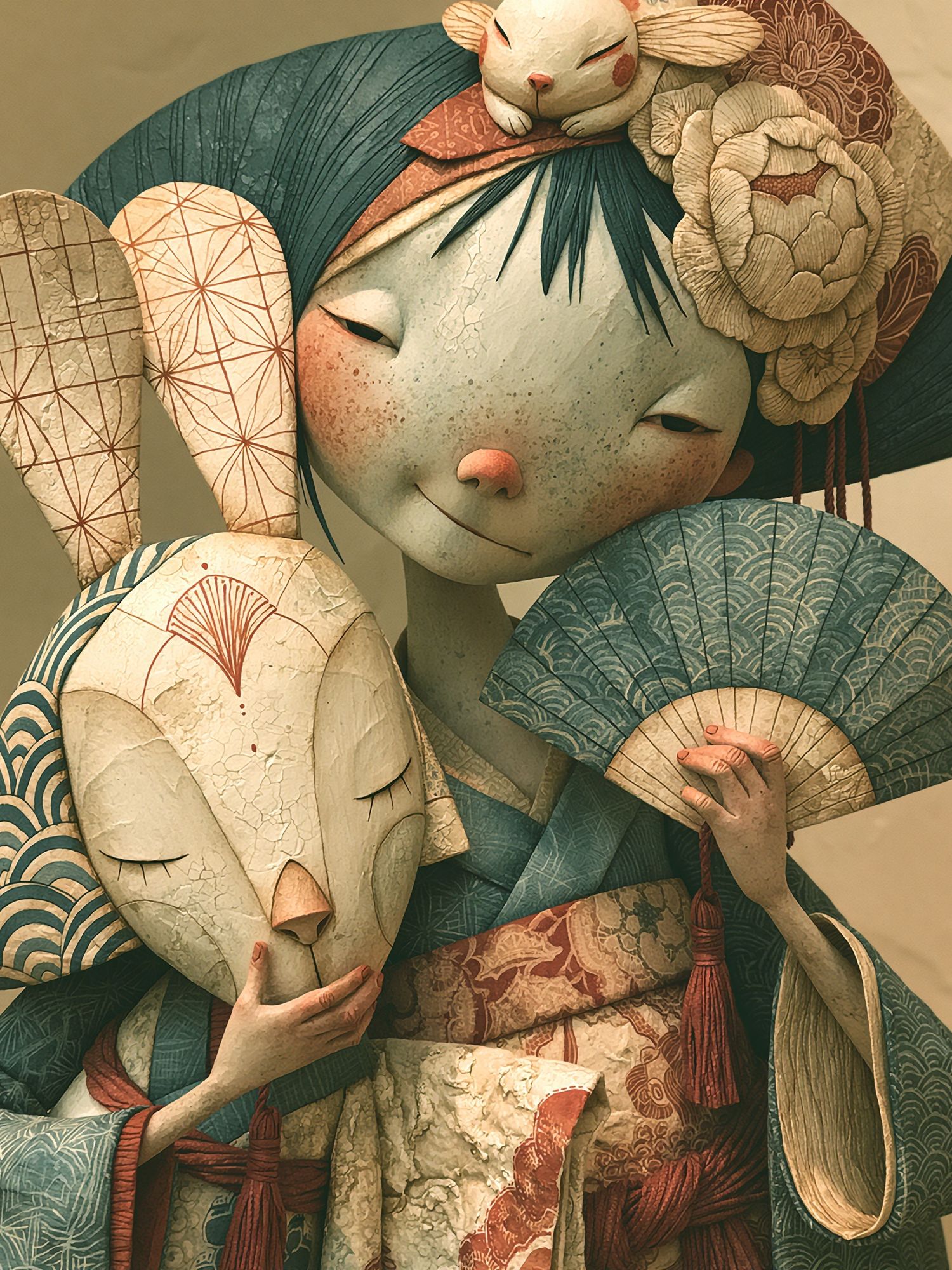 Geisha with Masks Illustration Poster. poster — illustration art