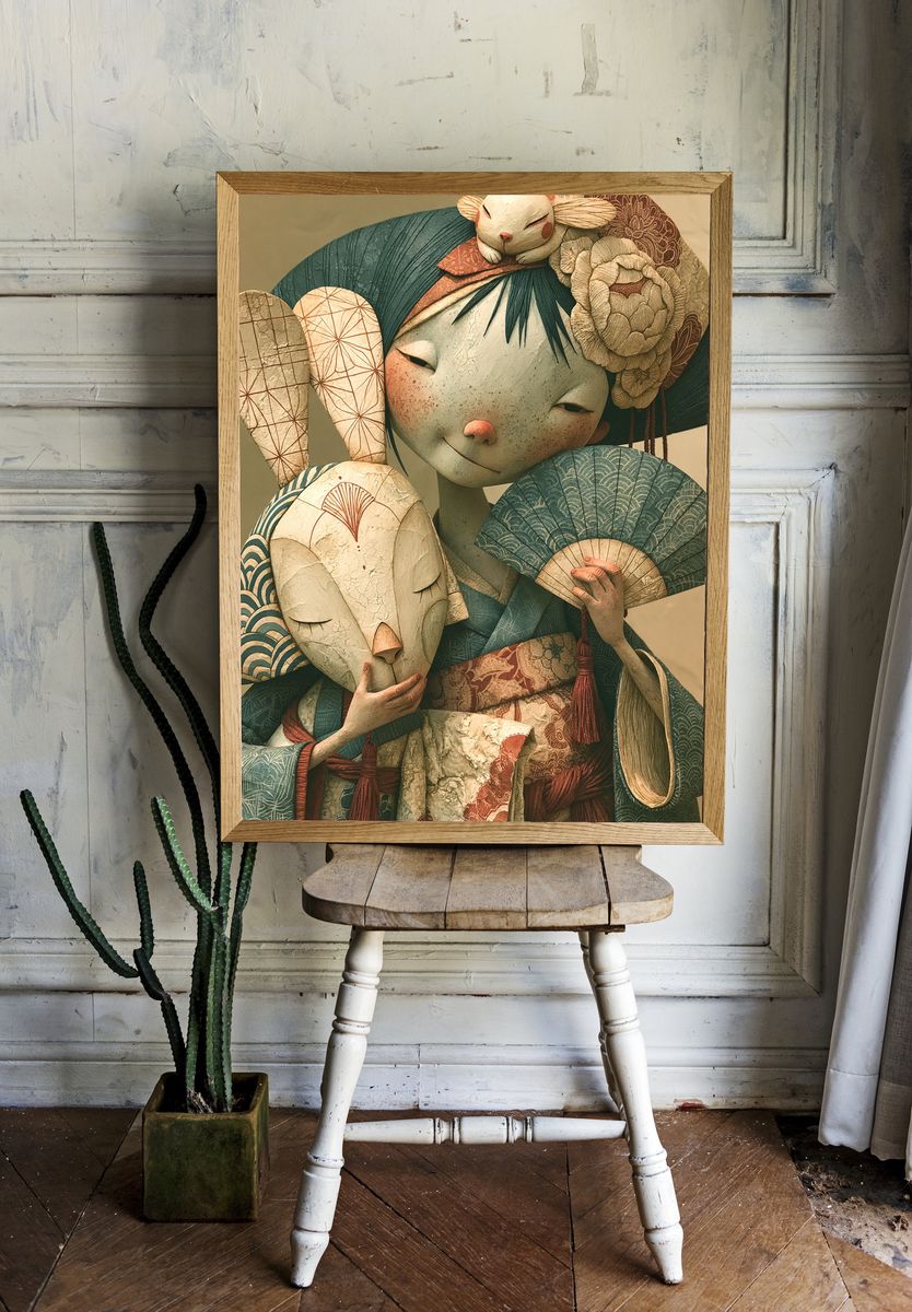 Geisha with Masks Illustration Poster. — room view 1