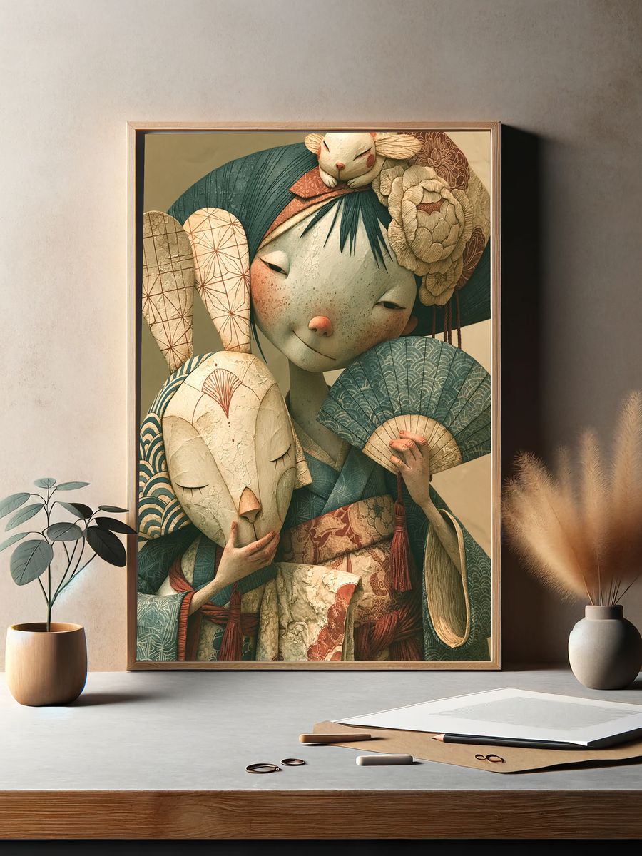 Geisha with Masks Illustration Poster. — room view 2