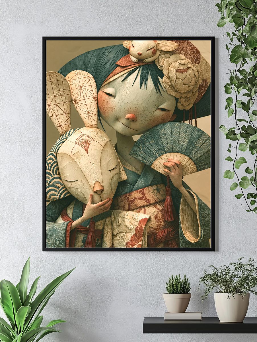Geisha with Masks Illustration Poster. — room view 4