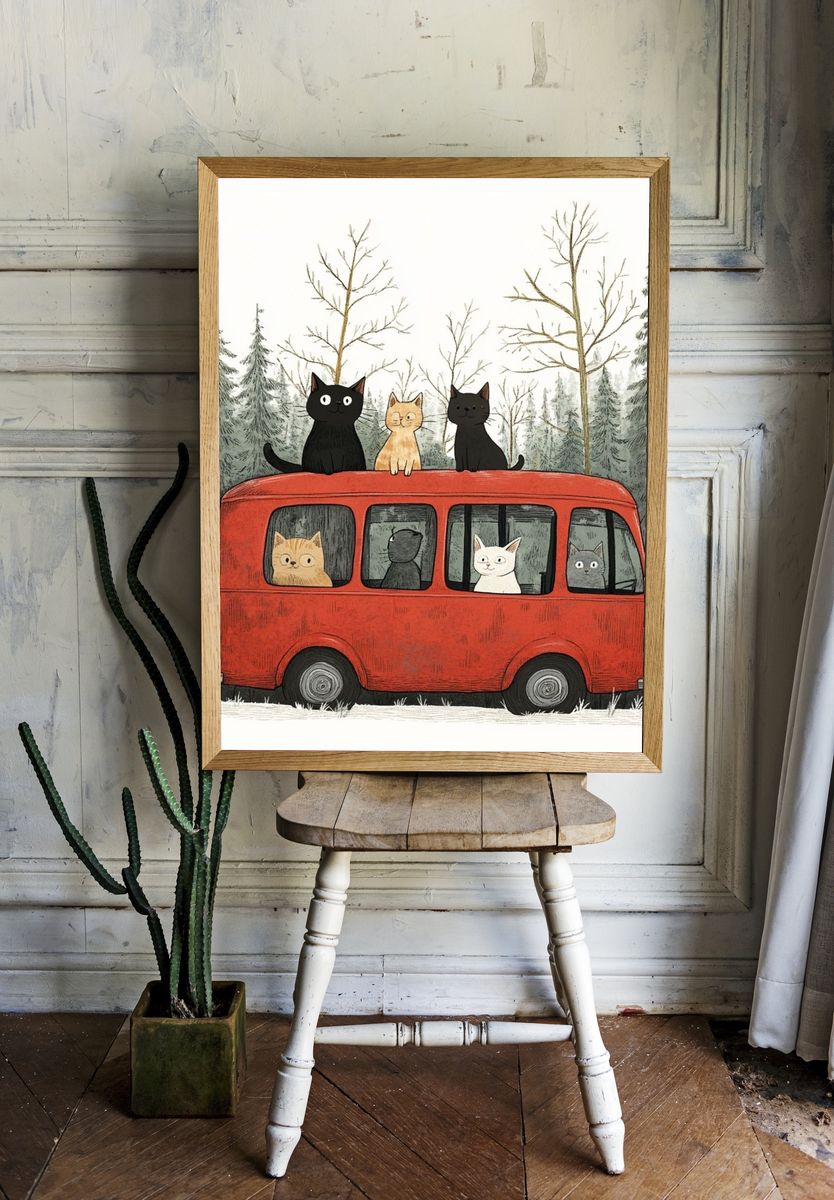 Cats on Red Bus Illustration Poster. room preview