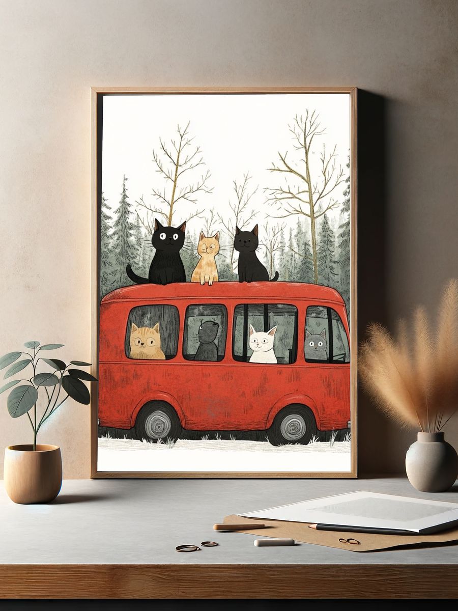 Cats on Red Bus Illustration Poster. — room view 2