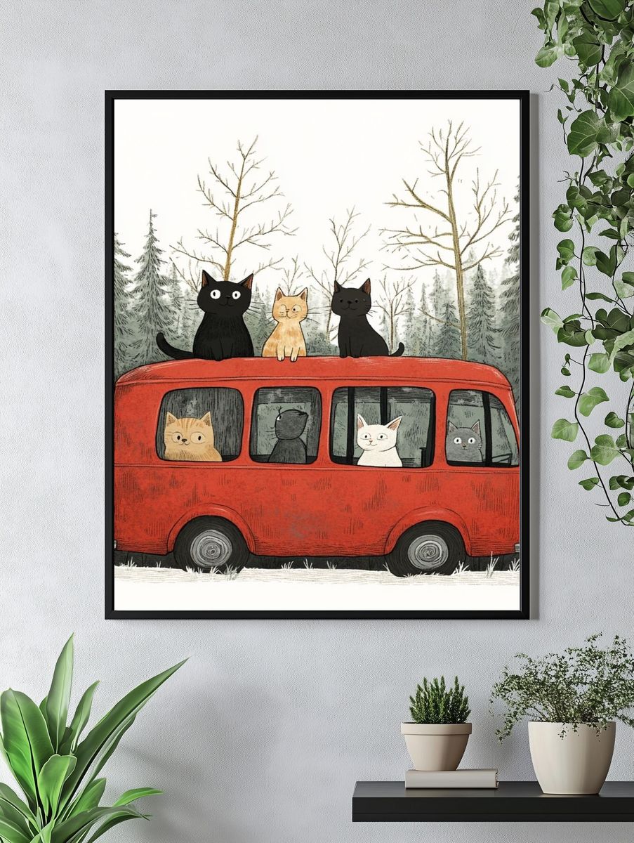 Cats on Red Bus Illustration Poster. — room view 4
