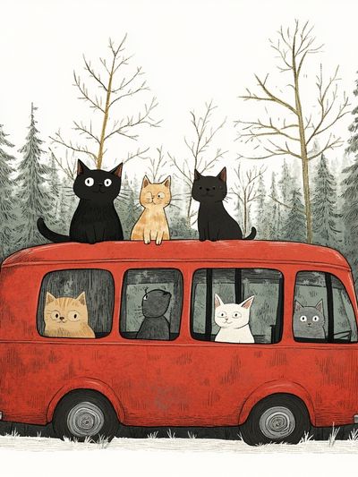 Cats on Red Bus Illustration Poster. poster