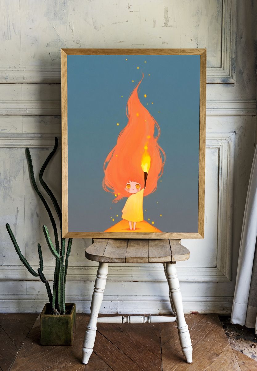 Girl with Flame Illustration Poster. — room view 1