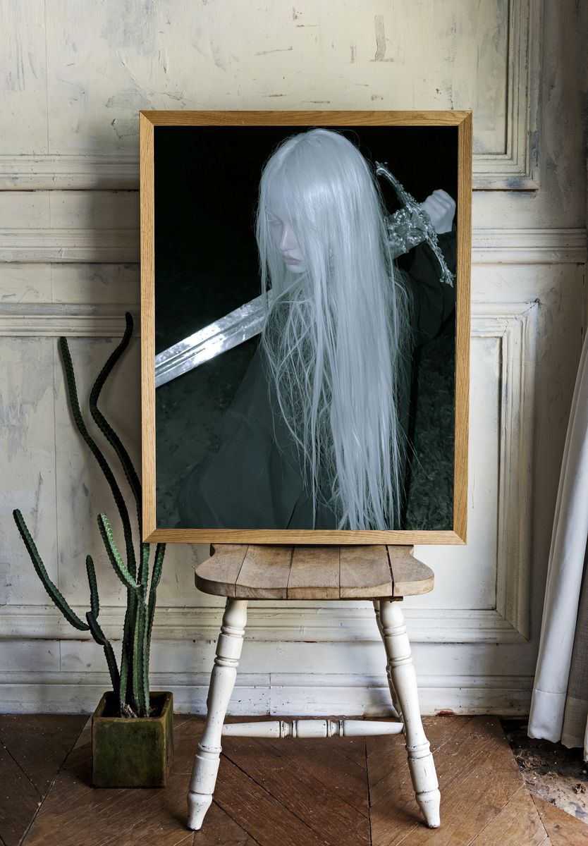 White-Haired Warrior Portrait Print. room preview
