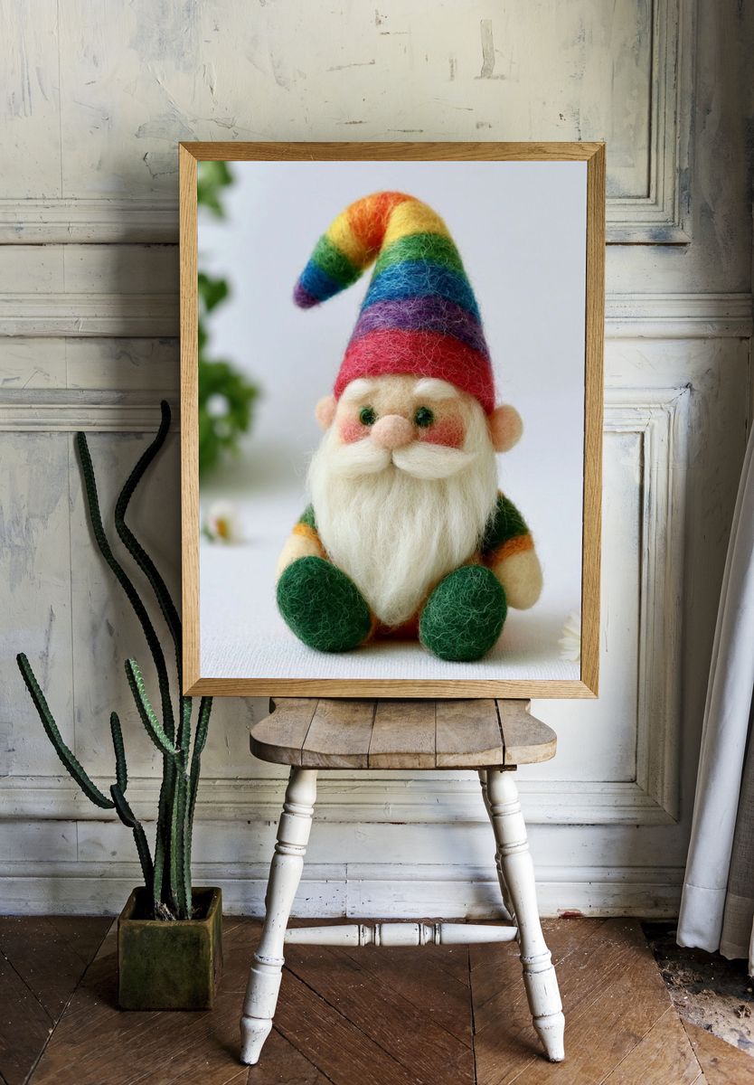 Rainbow Felt Gnome Illustration Poster. room preview