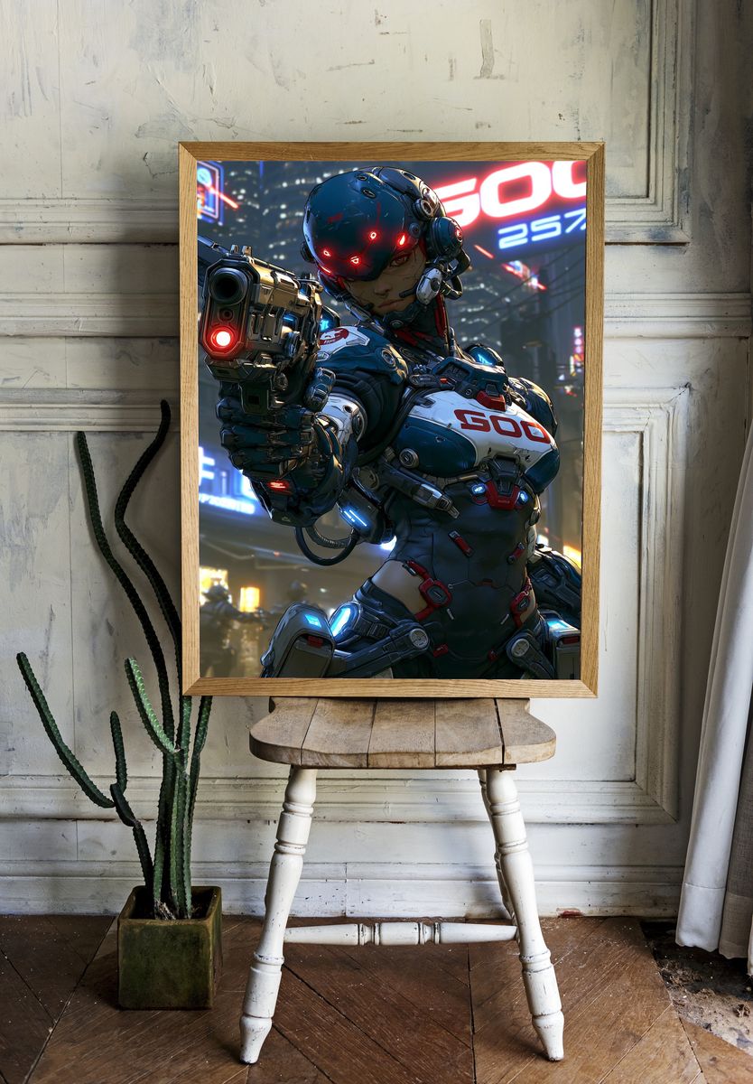 Cyberpunk Android Warrior Poster. room preview