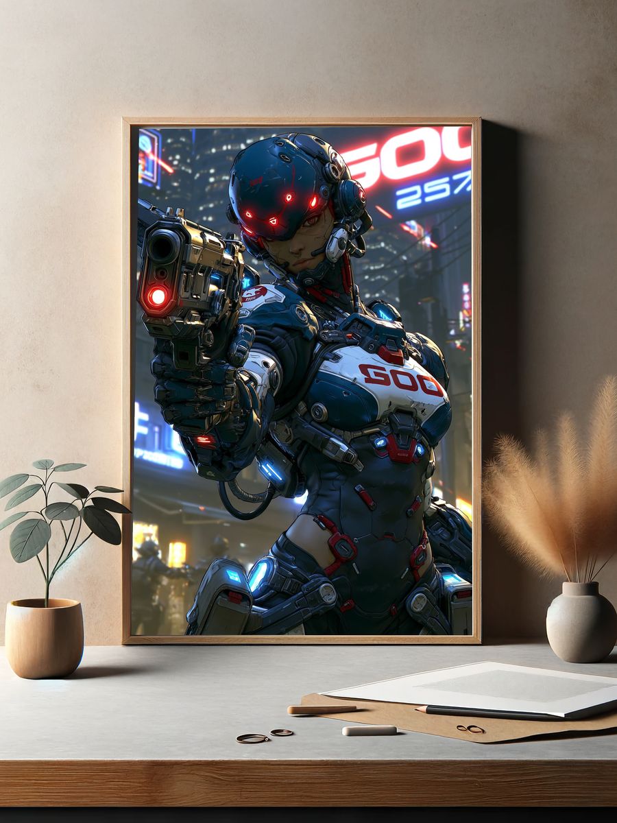 Cyberpunk Android Warrior Poster. — room view 2