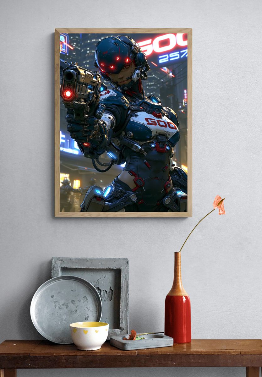 Cyberpunk Android Warrior Poster. — room view 3