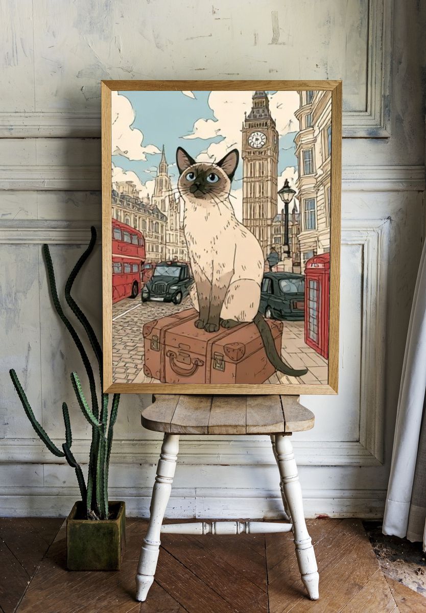 Siamese Cat in London Illustration Poster. room preview