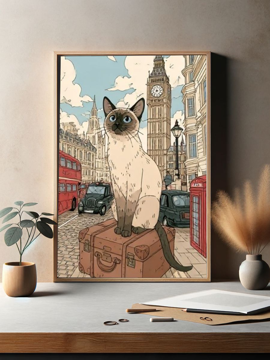 Siamese Cat in London Illustration Poster. — room view 2
