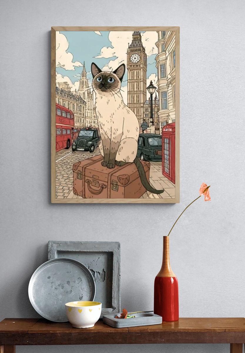 Siamese Cat in London Illustration Poster. — room view 3