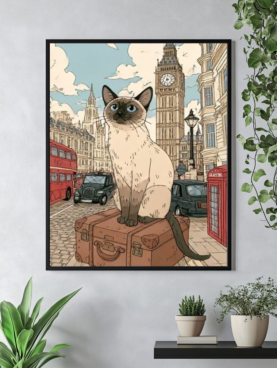 Siamese Cat in London Illustration Poster. — room view 4