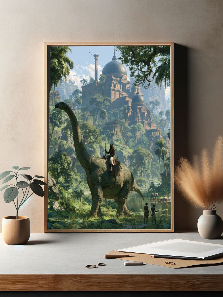 Jungle Dinosaur Temple Fantasy Print. — room view 2