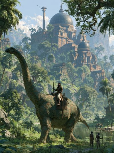 Jungle Dinosaur Temple Fantasy Print. poster