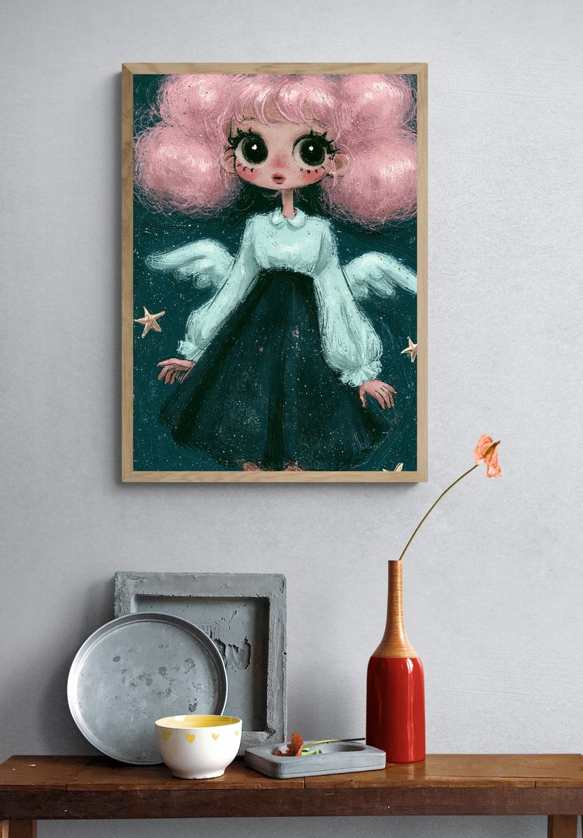 Pink-Haired Angel Illustration Poster. — room view 3