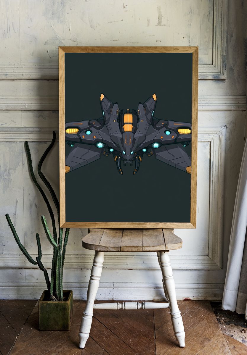 Futuristic Mecha Fighter Illustration Poster. room preview