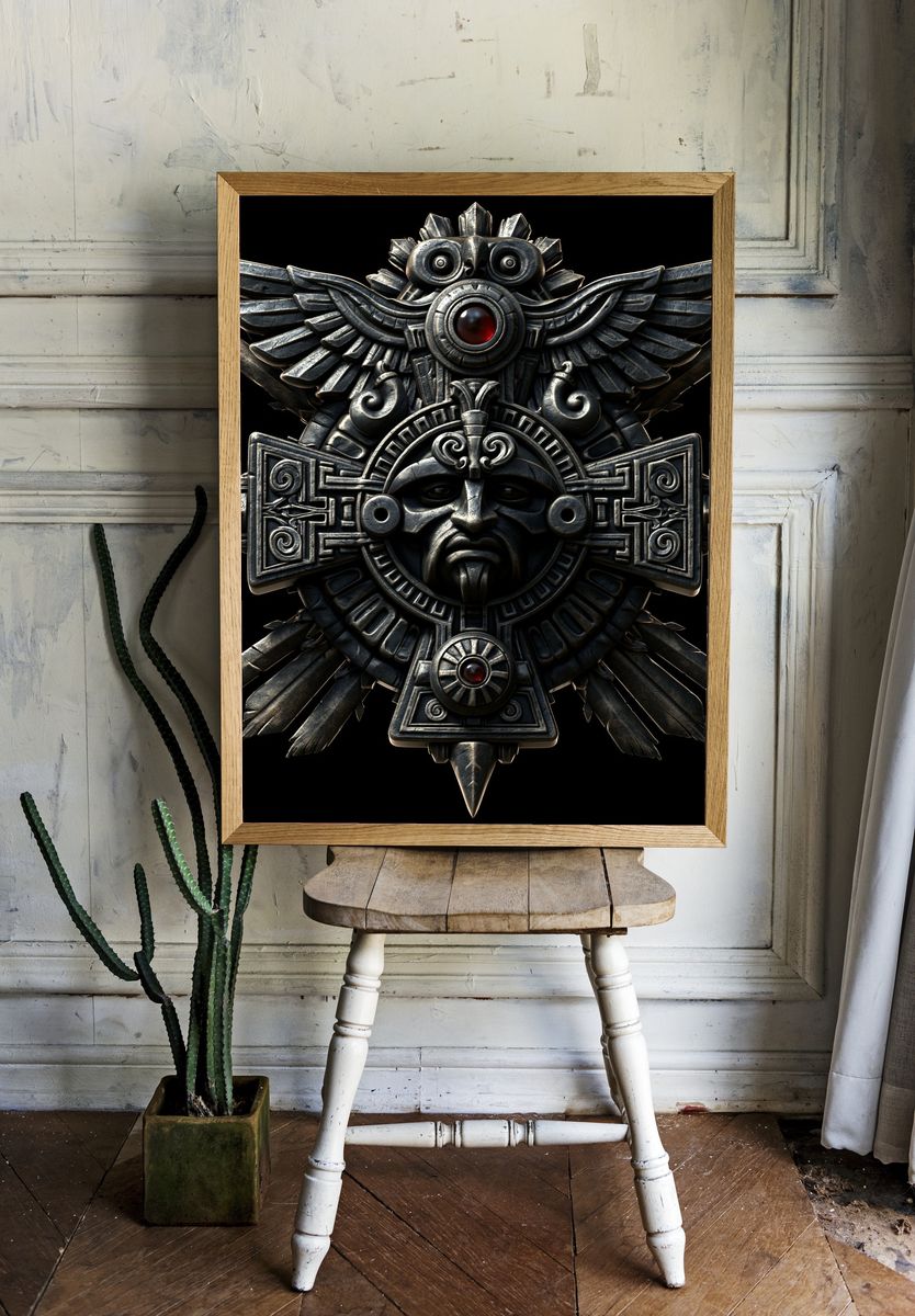 Aztec Stone Mask Illustration Poster. — room view 1